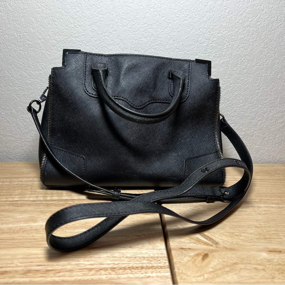 Rebecca Minkoff zipper trim genuine black saffiano leather crossbody handbag